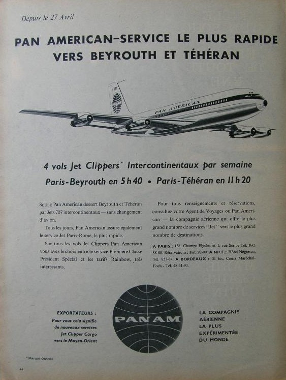 1960, A Pan Am  French language ad for service from Paris to Beirut & Tehran.